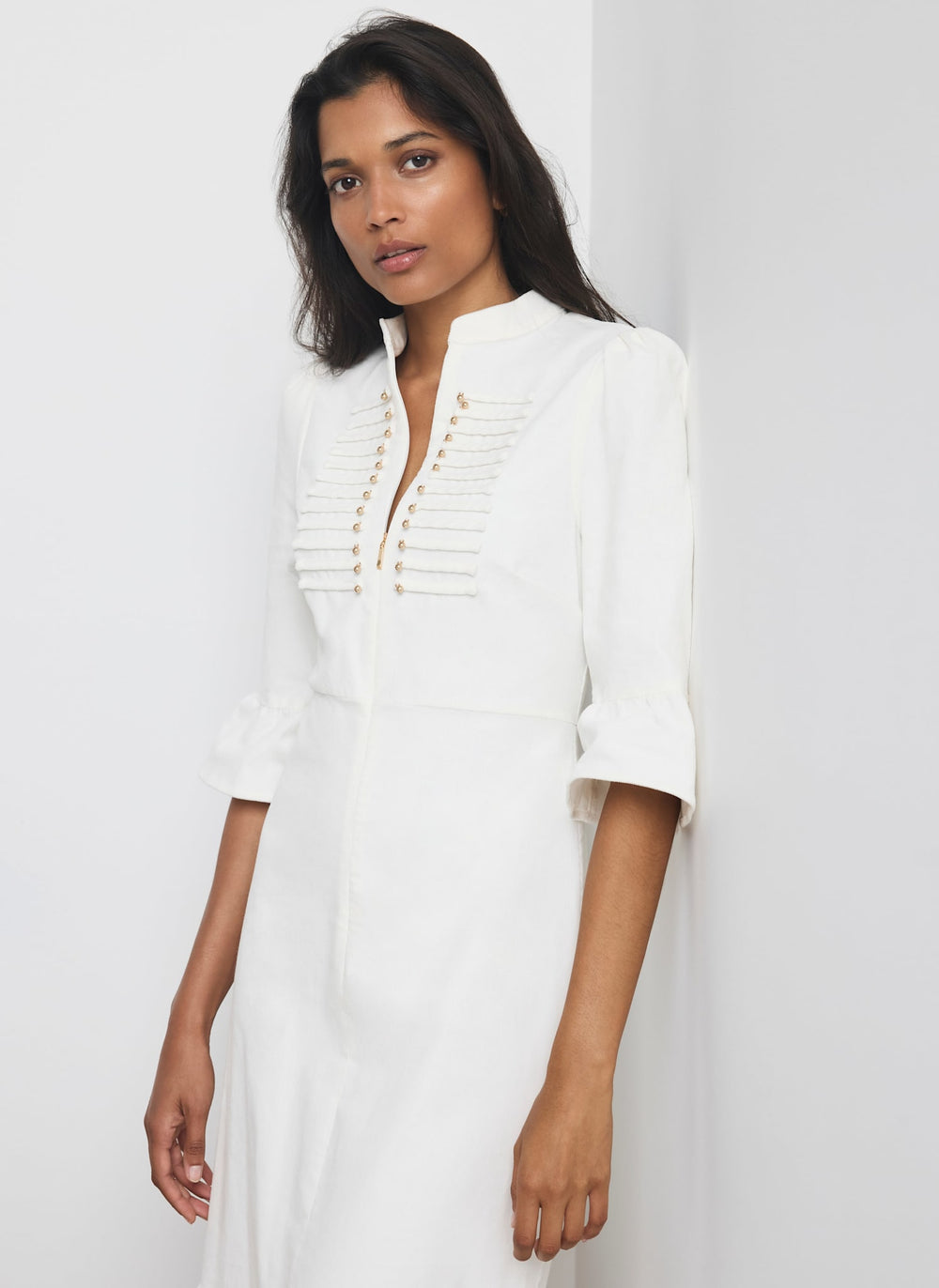 Cream Corduroy Military Detail Midi Dress