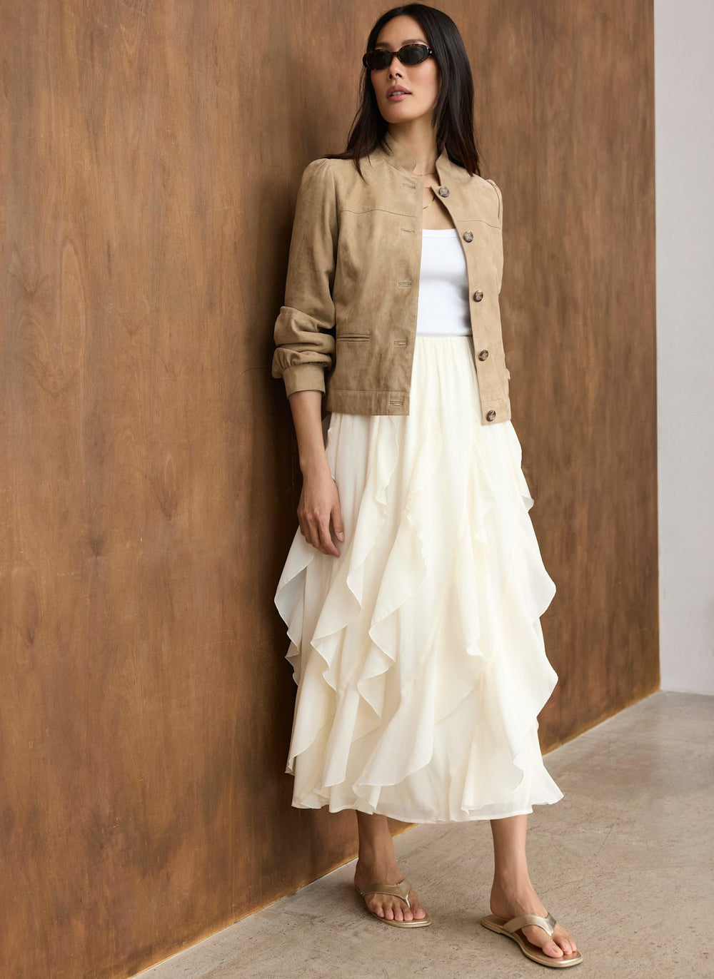 Cream Ruffle Midi Skirt