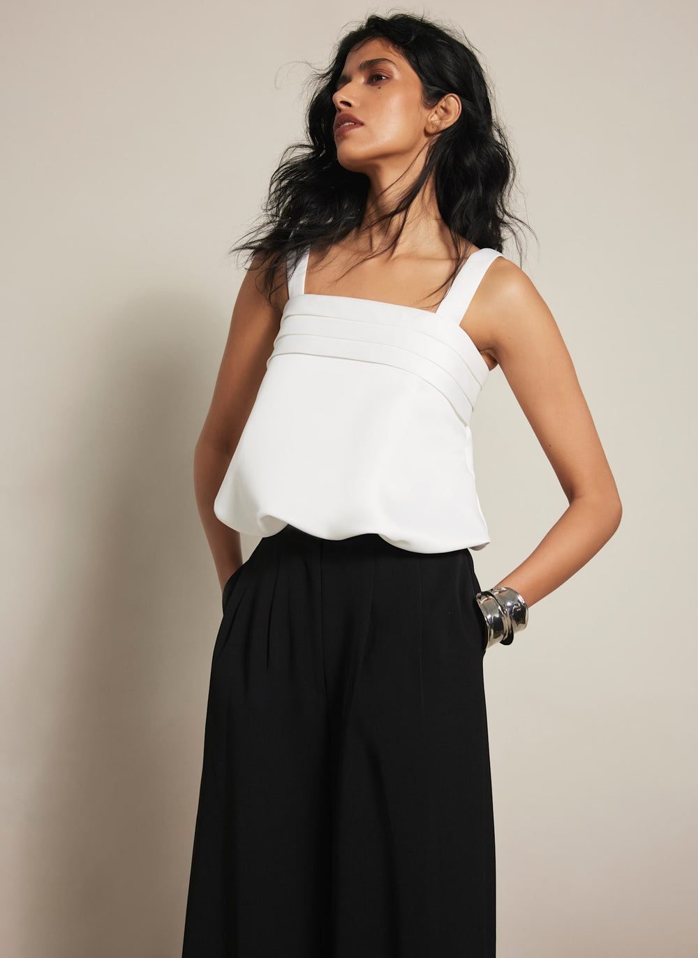 Cream Satin Pleat Detail Top