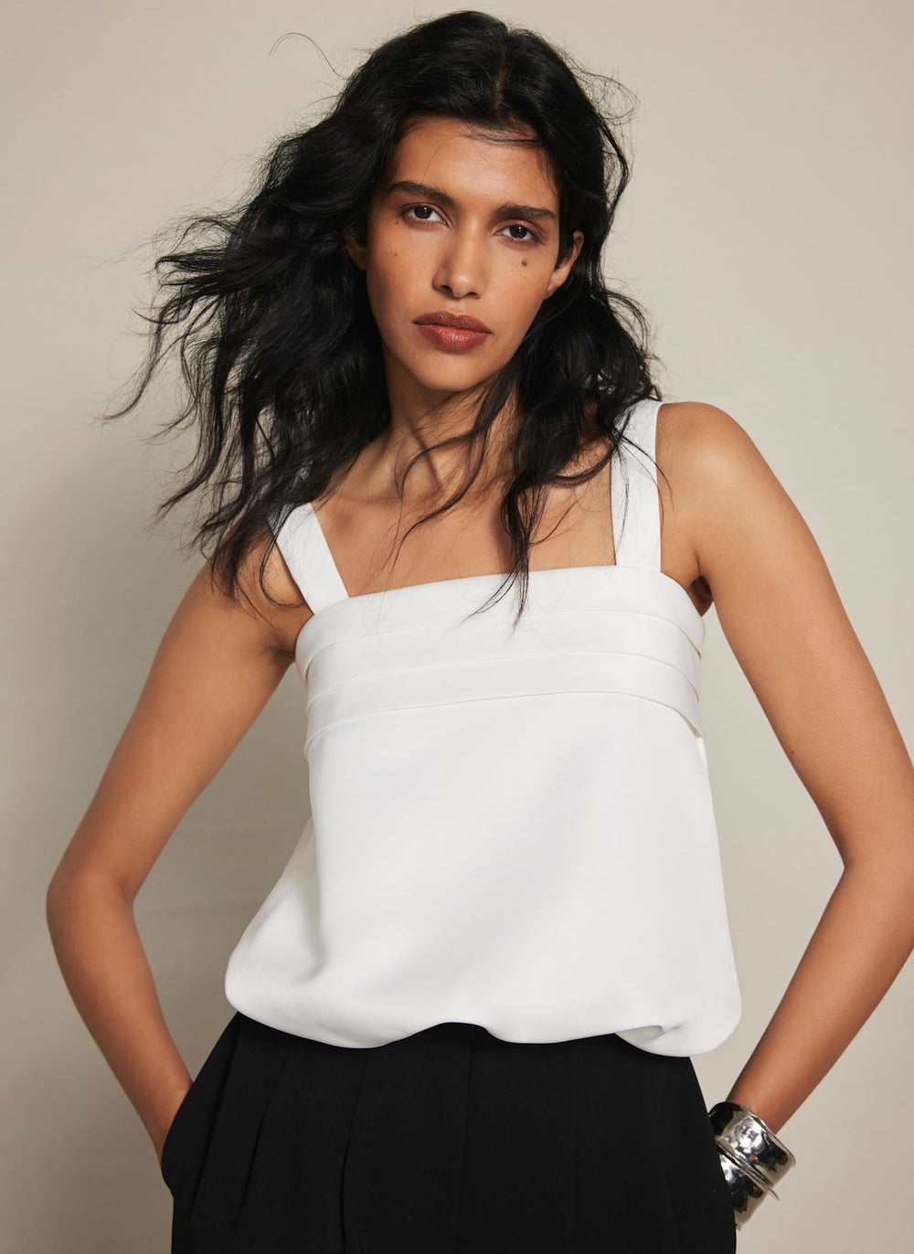 Cream Satin Pleat Detail Top