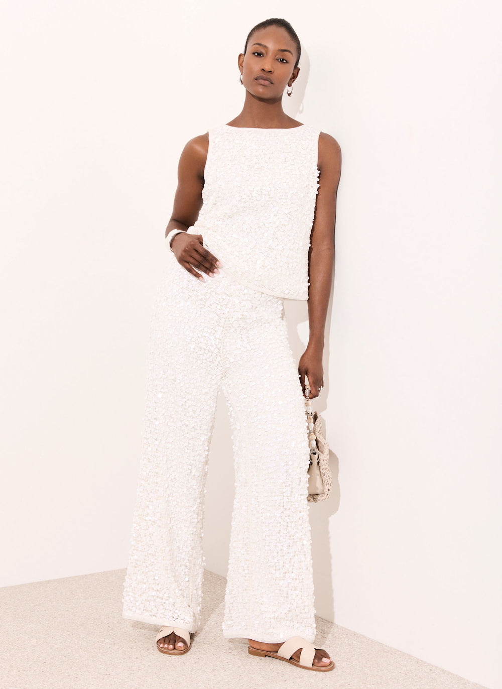 White Sequin Wide Beach Trousers