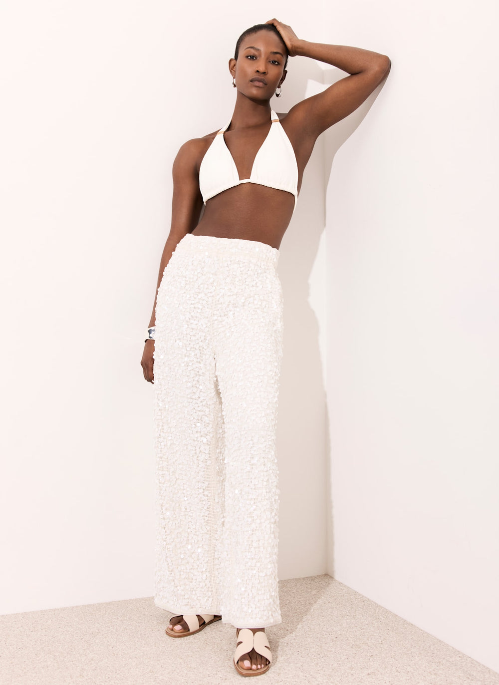 White Sequin Wide Beach Trousers