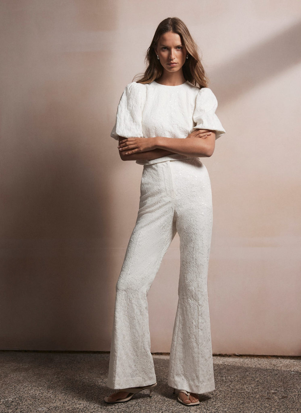 Cream Sequin Lace Flared Trousers