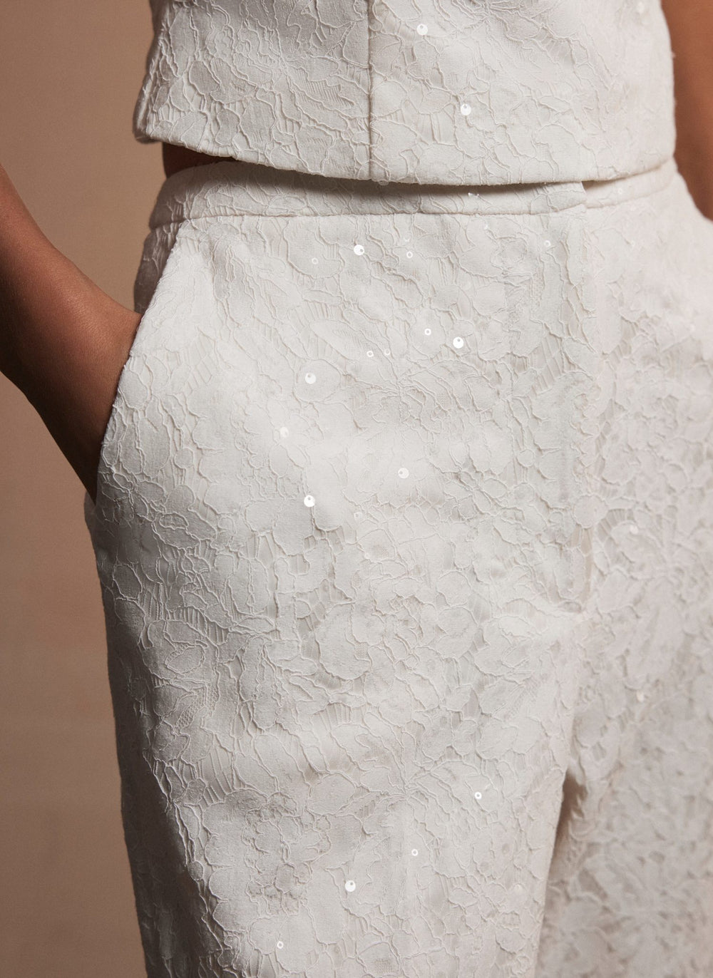 Cream Sequin Lace Flared Trousers