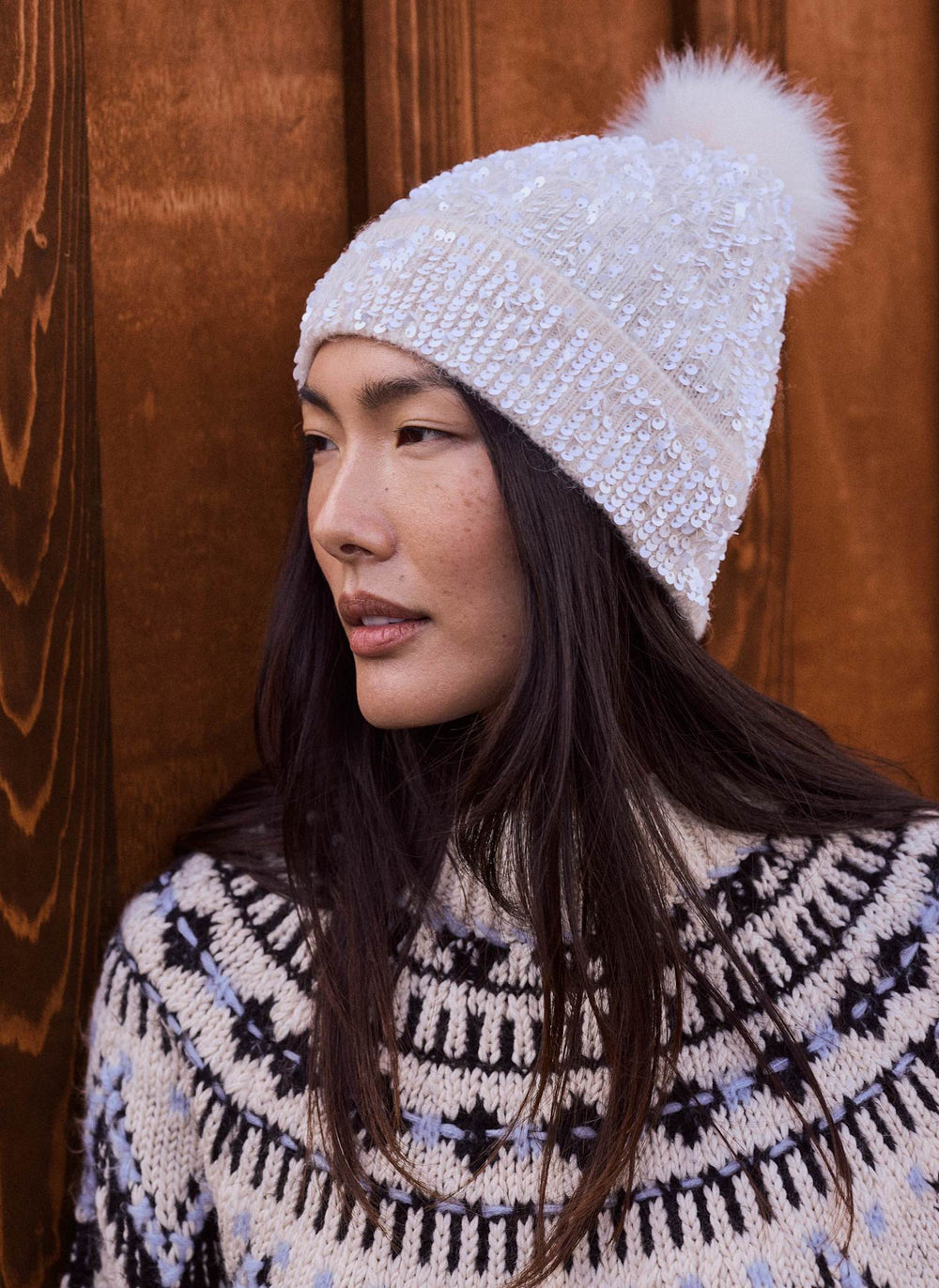 Cream Sequin Wool Blend Knit Hat