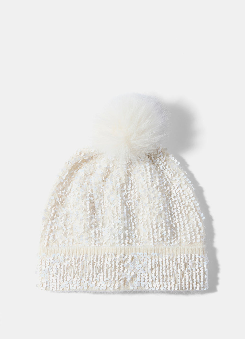 Cream Sequin Wool Blend Knit Hat