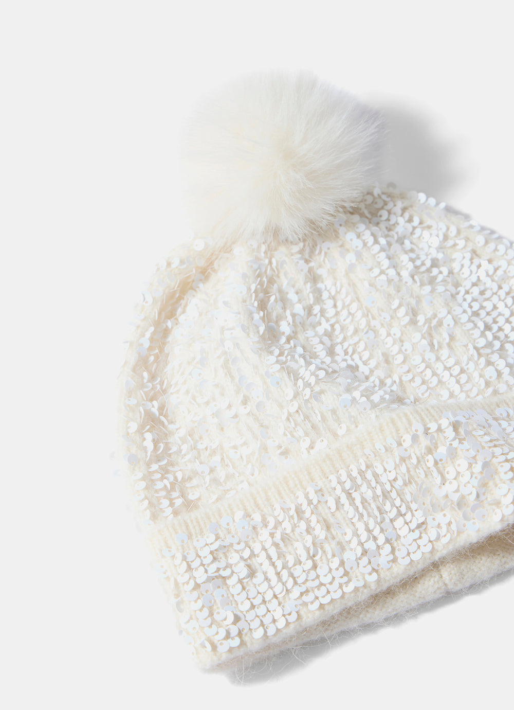Cream Sequin Wool Blend Knit Hat