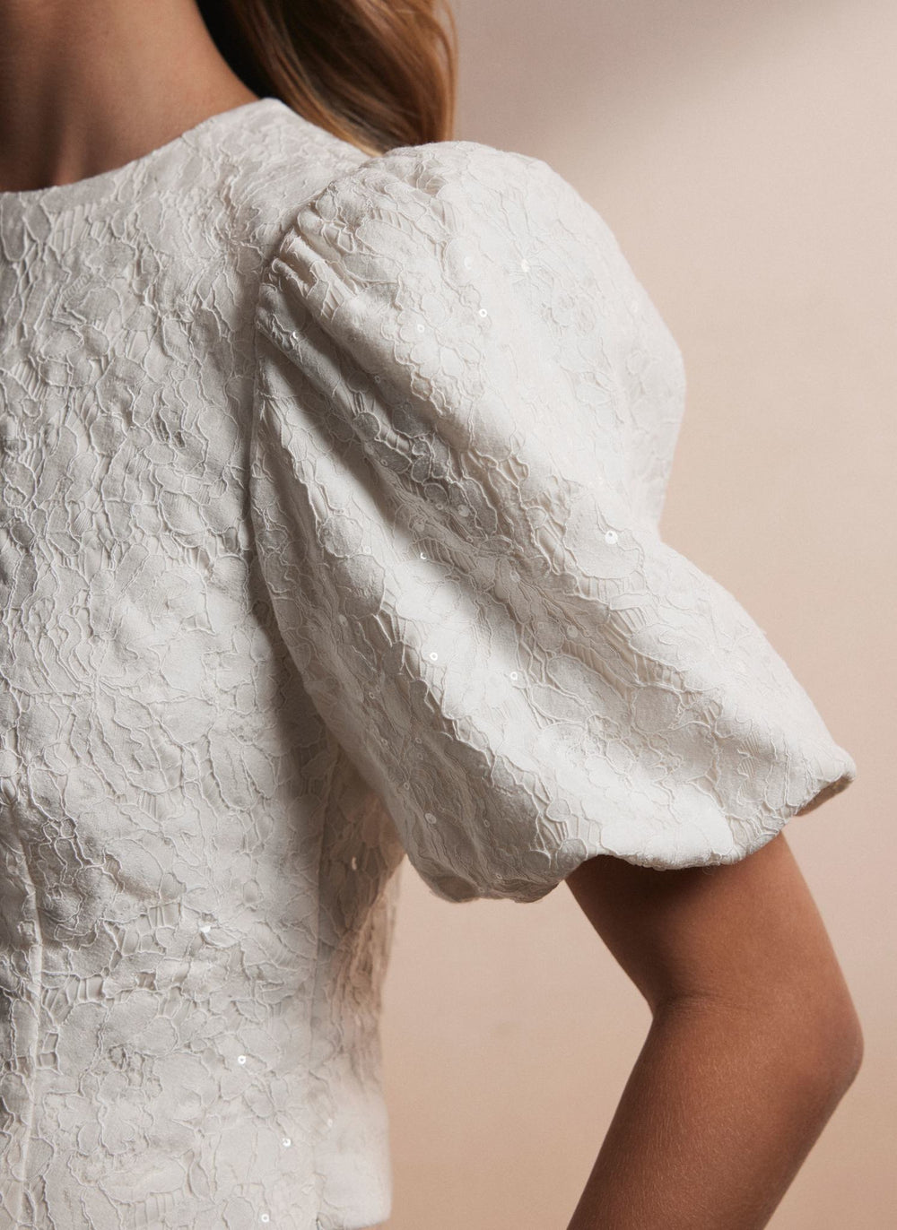 Cream Sequin Lace Puff Sleeve Top