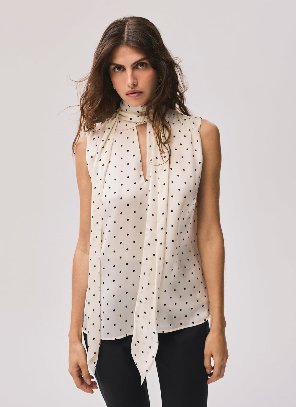 Cream Polka Dot Tie Neck Top