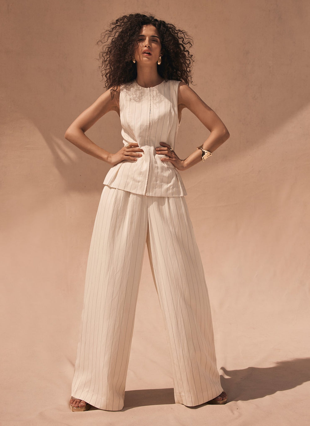 Cream Pinstripe Wide Leg Trousers