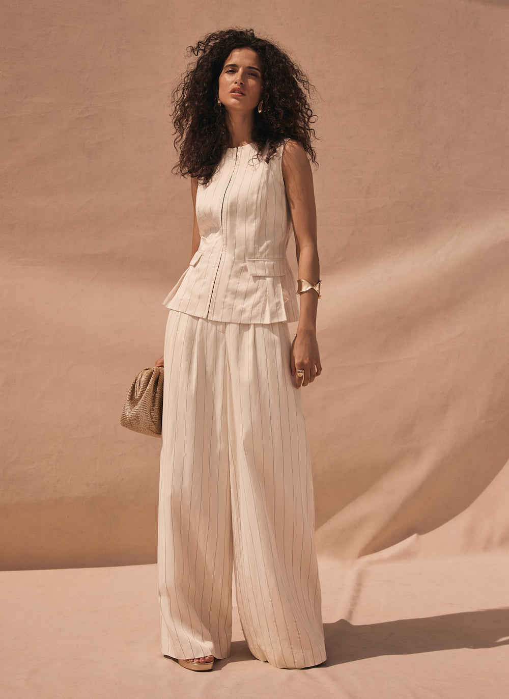 Cream Pinstripe Wide Leg Trousers