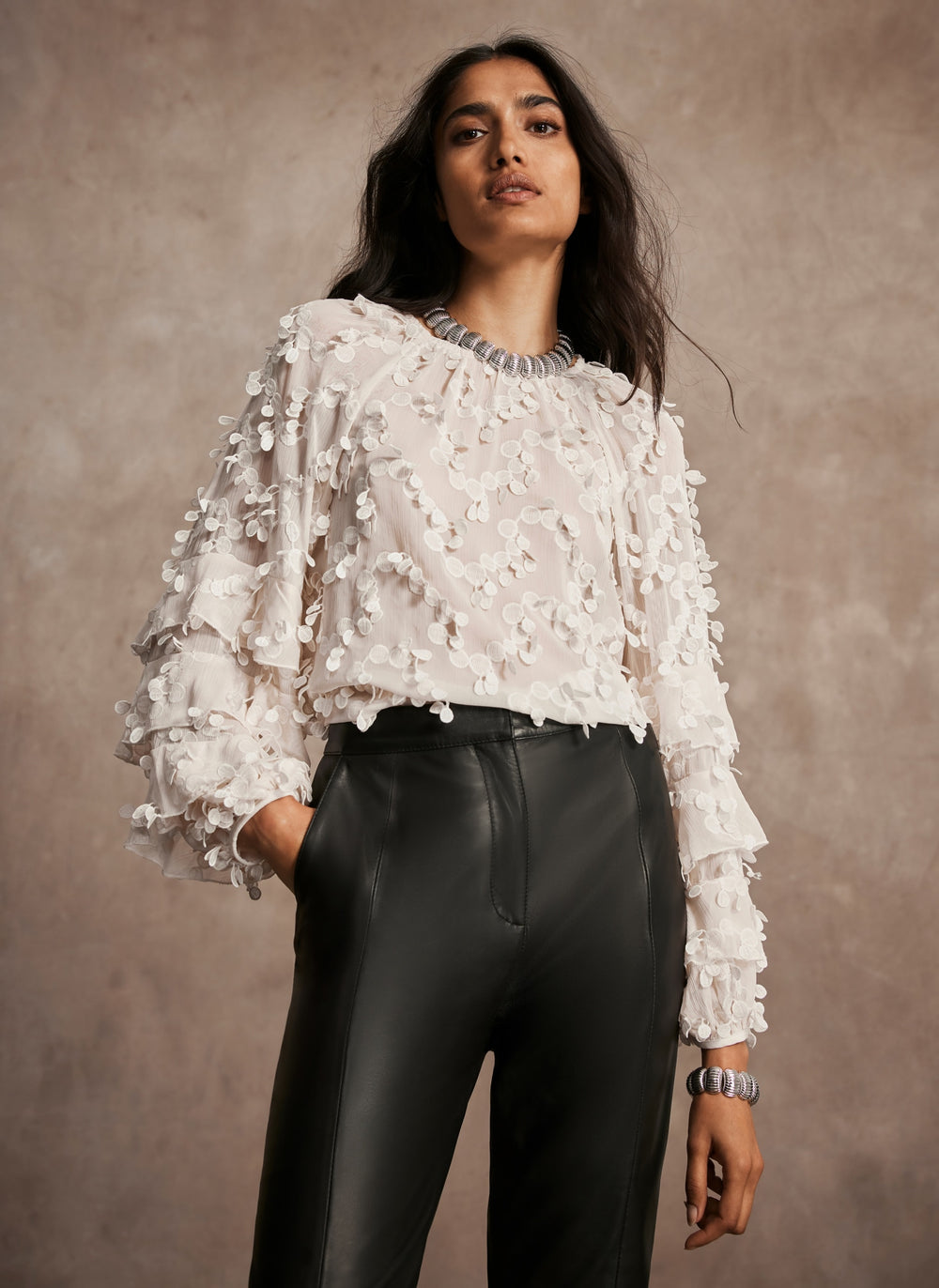 Cream Textured Ruffle Blouse