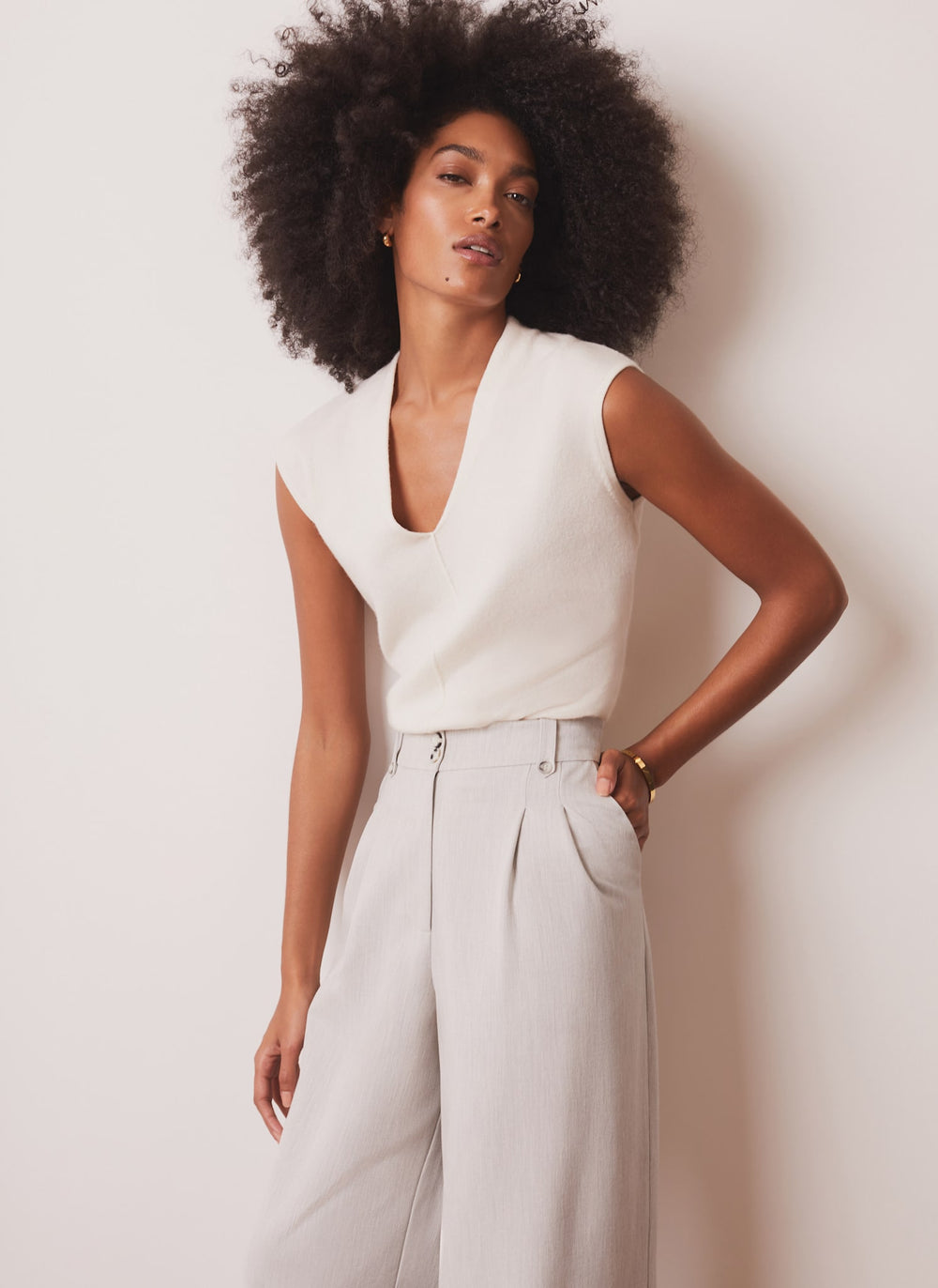 Cream Wool Blend Sleeveless Knit Top