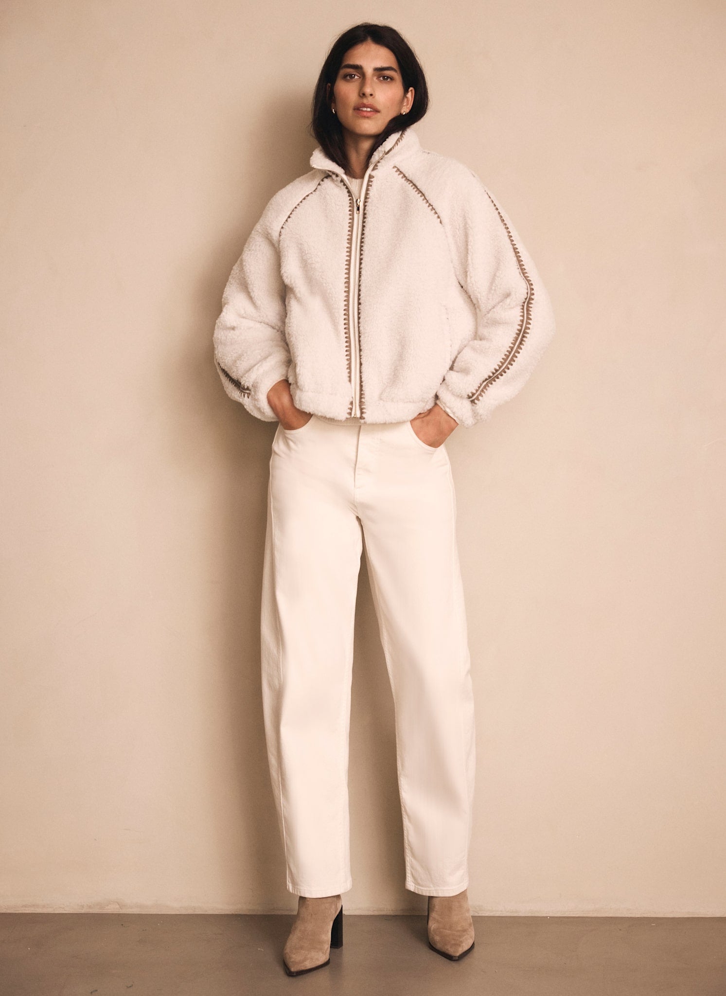 Cream Whipstitch Detail Borg Jacket – Mint Velvet