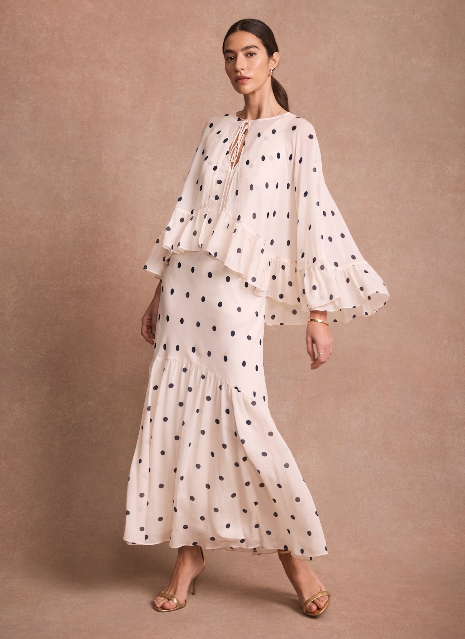Mint Velvet Cream Polka Dot Print Cape Maxi Dress | Size 12 | Cream | Long Sleeve