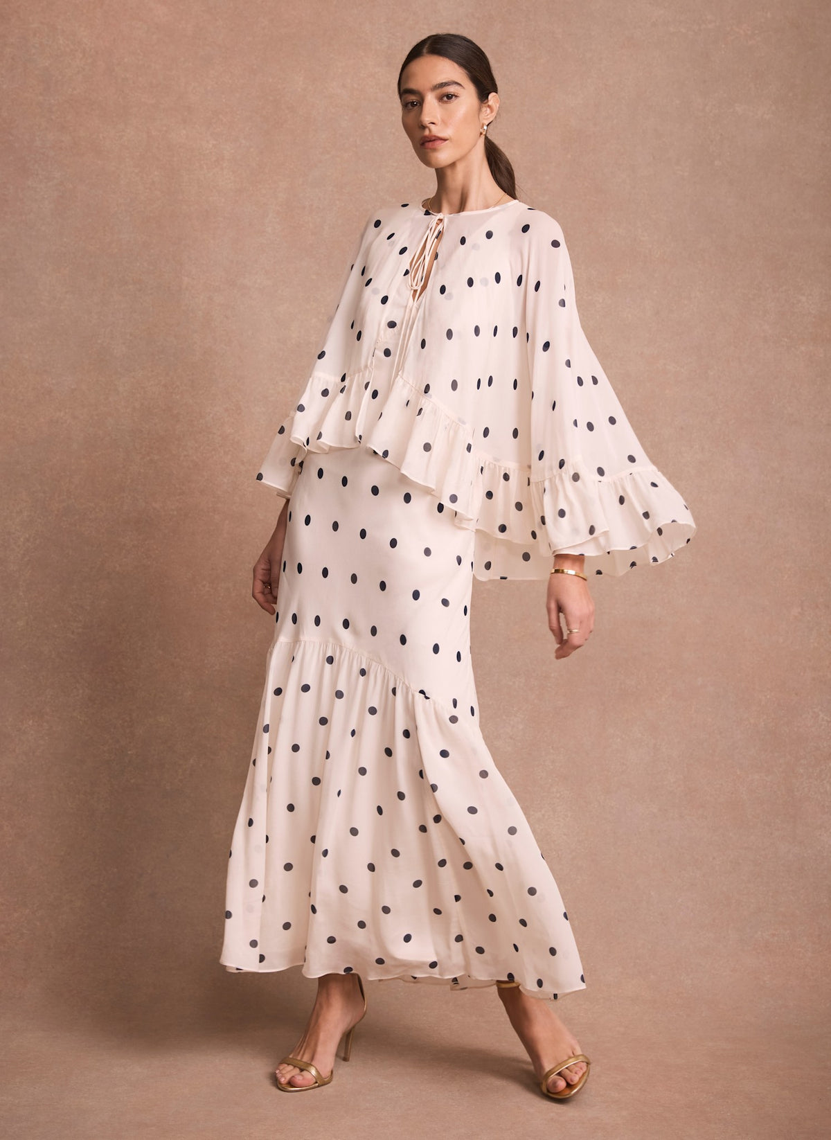 Mint Velvet Cream Polka Dot Print Cape Maxi Dress | Size 10 | Cream | Long Sleeve | V Neck