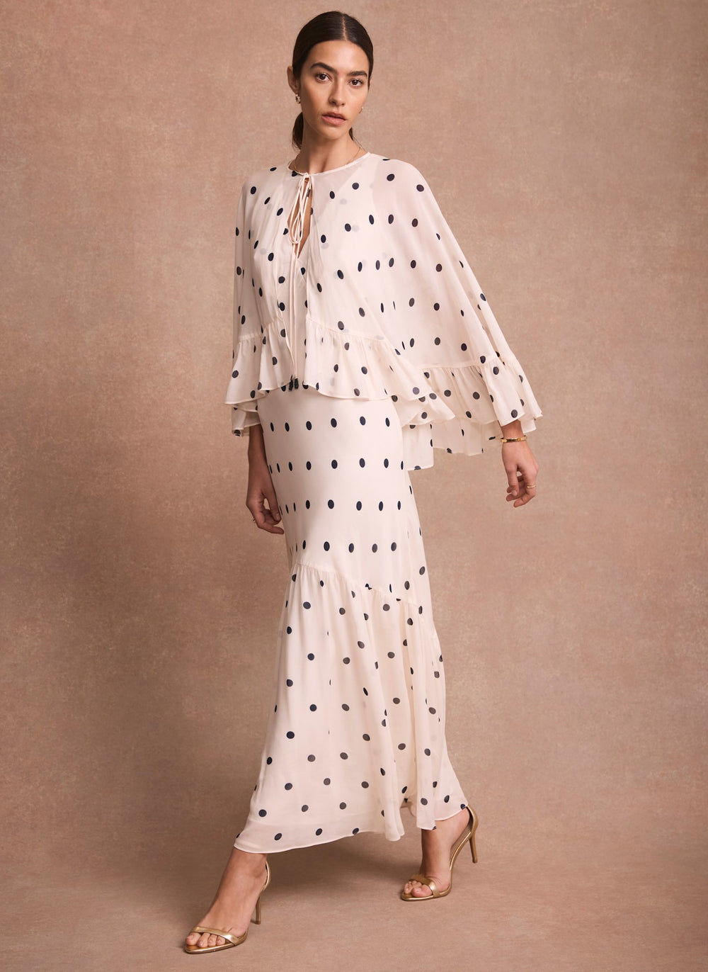 Cream Polka Dot Print Cape Maxi Dress