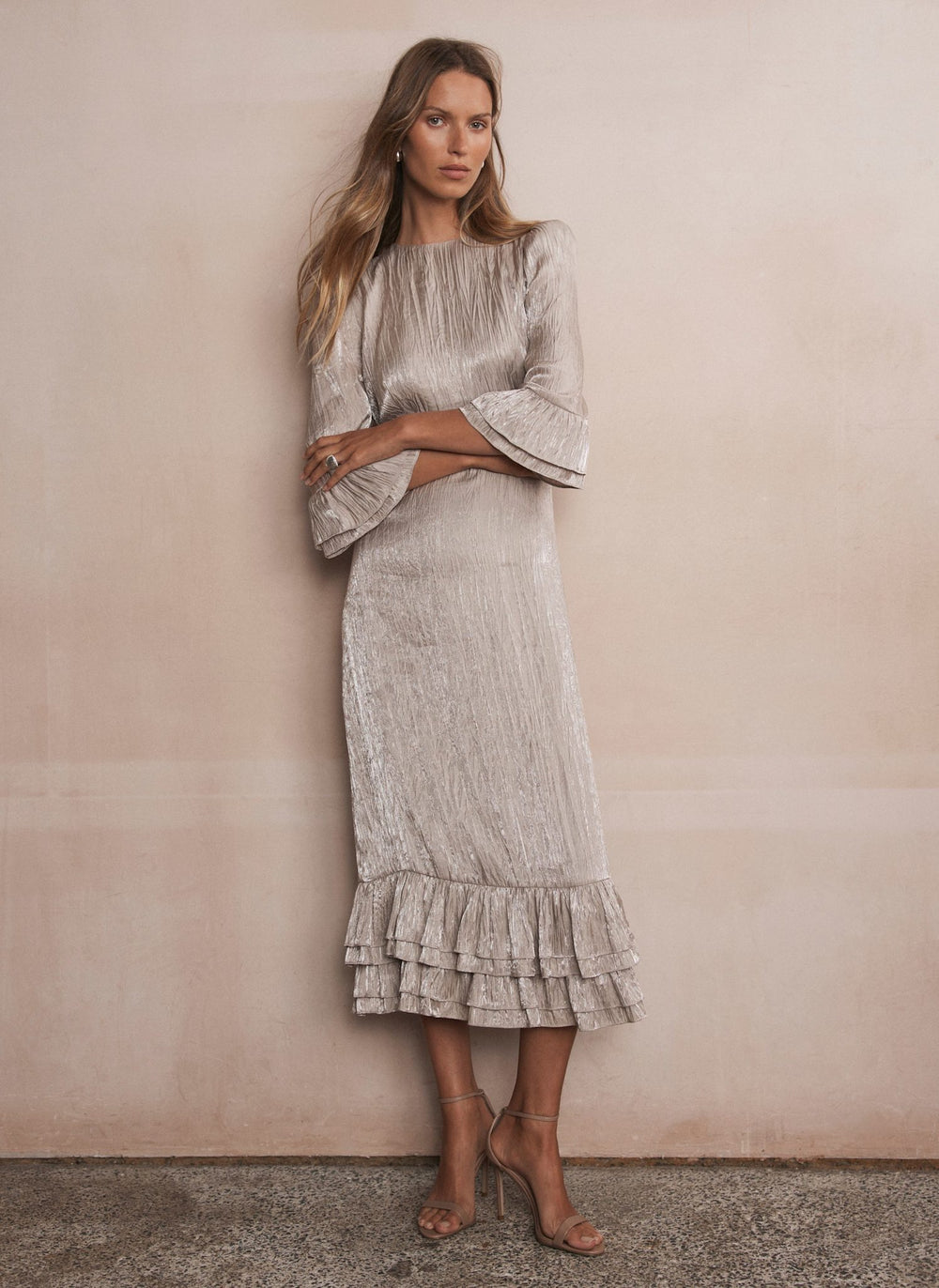 Neutral Crinkle Metallic Midi Dress