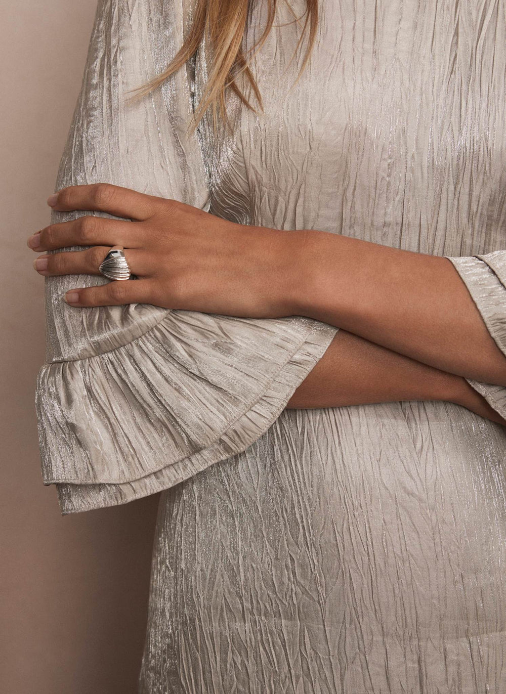 Neutral Crinkle Metallic Midi Dress