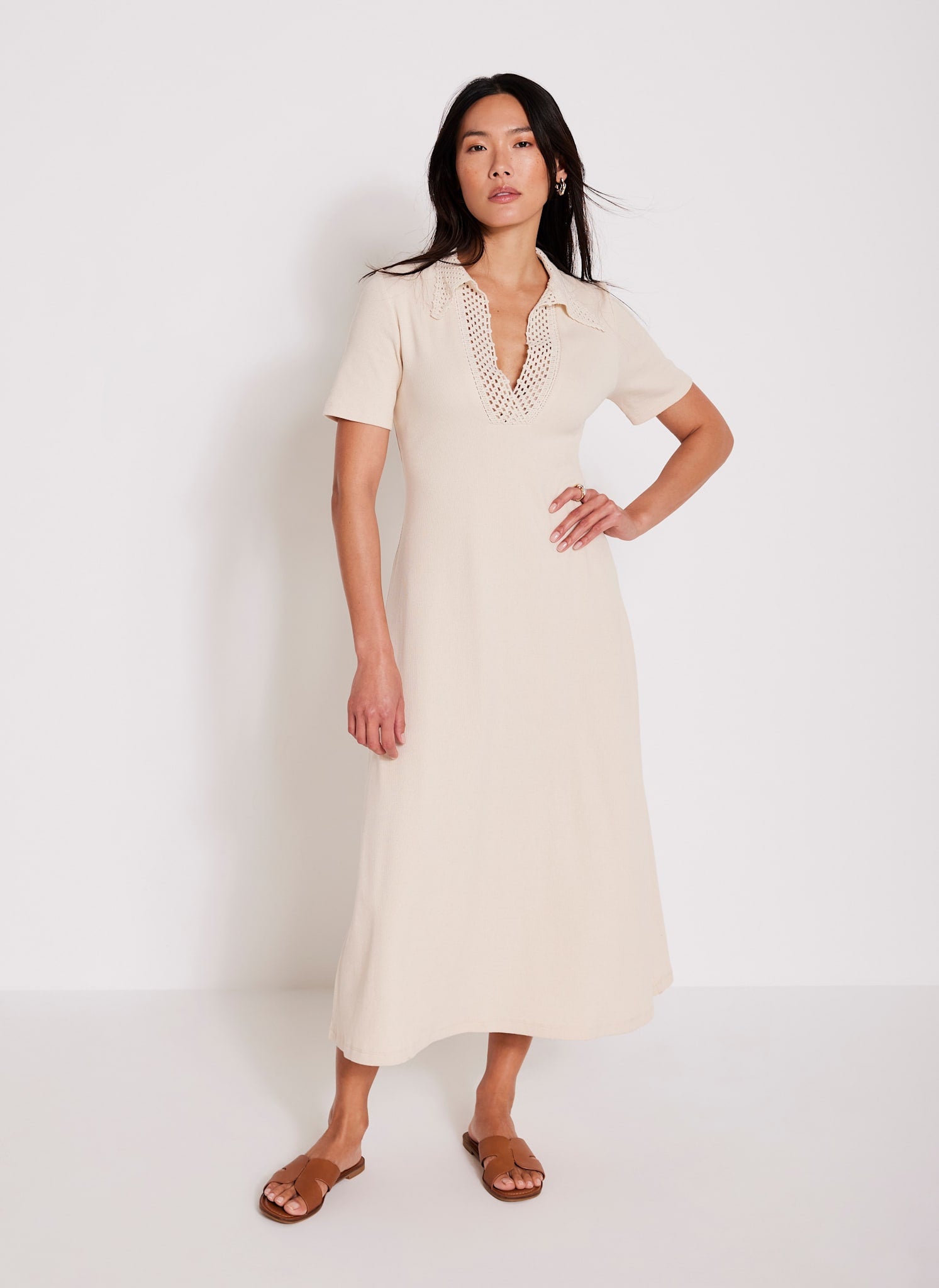 Neutral Crochet Collar Midi Dress – Mint Velvet