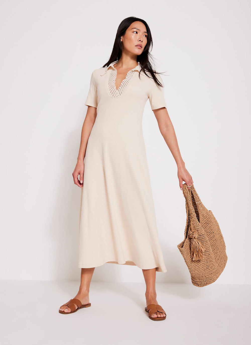 Neutral Crochet Collar Midi Dress