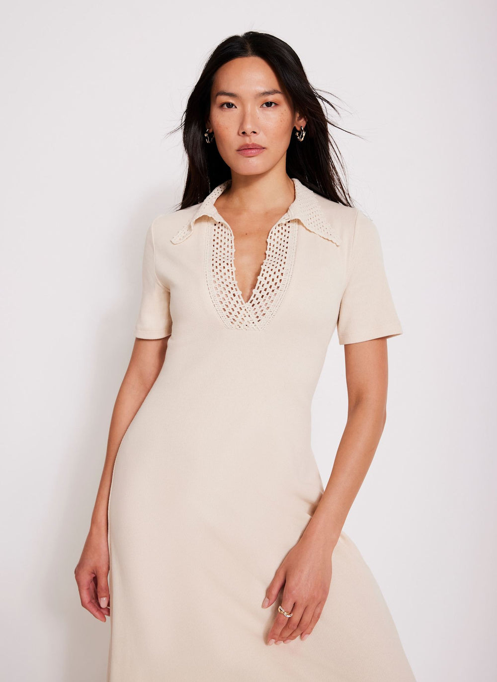 Neutral Crochet Collar Midi Dress