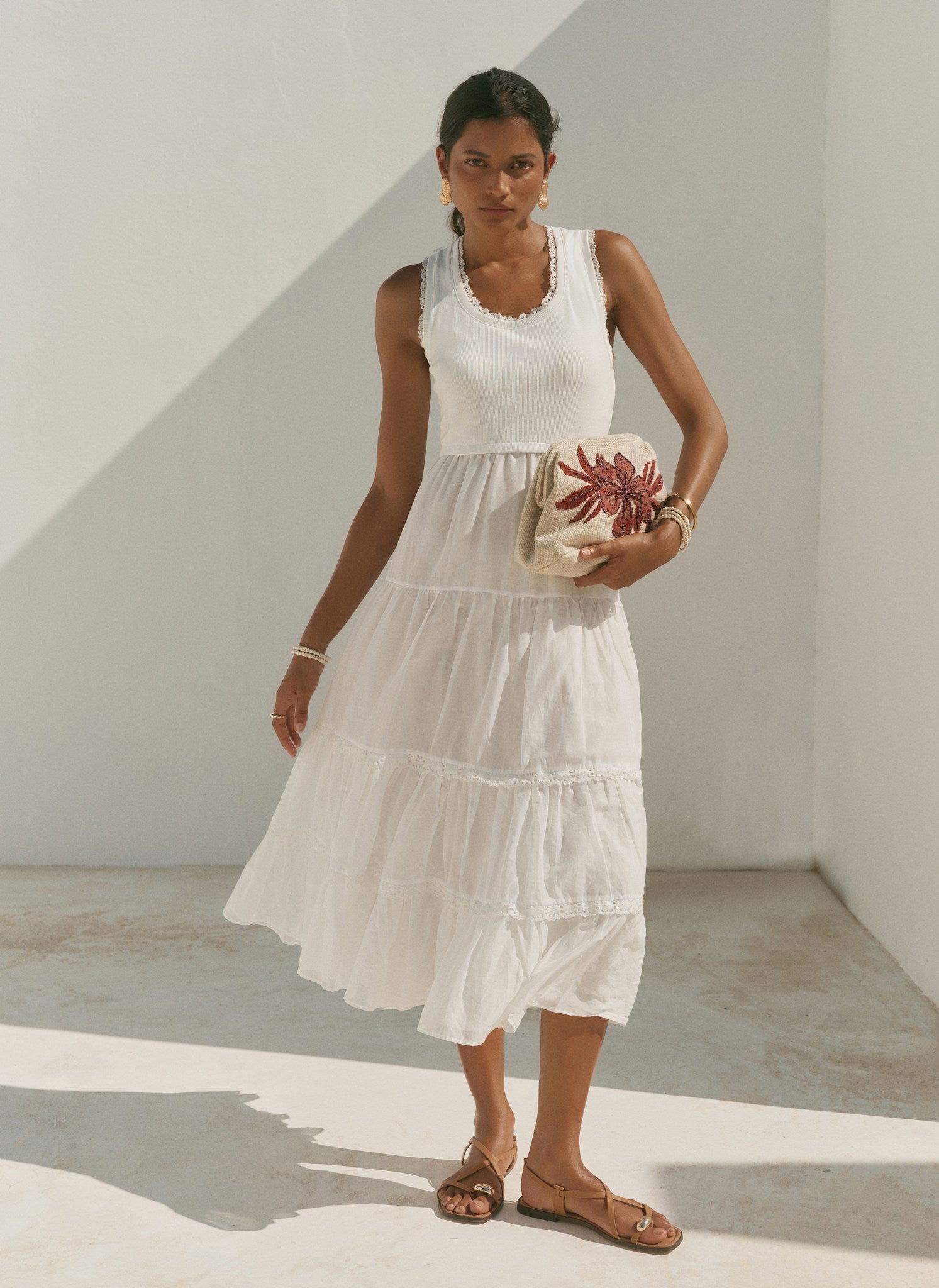 Mint Velvet White Crochet Trim Tiered Midi Dress | Size L | White | Sleeveless