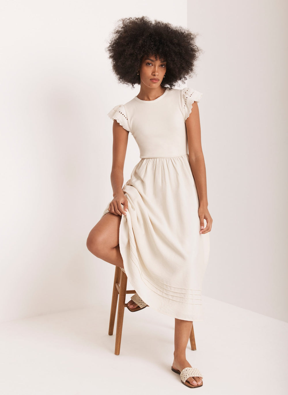 Neutral Crochet Trim Woven Jersey Midi Dress  Mint Velvet
