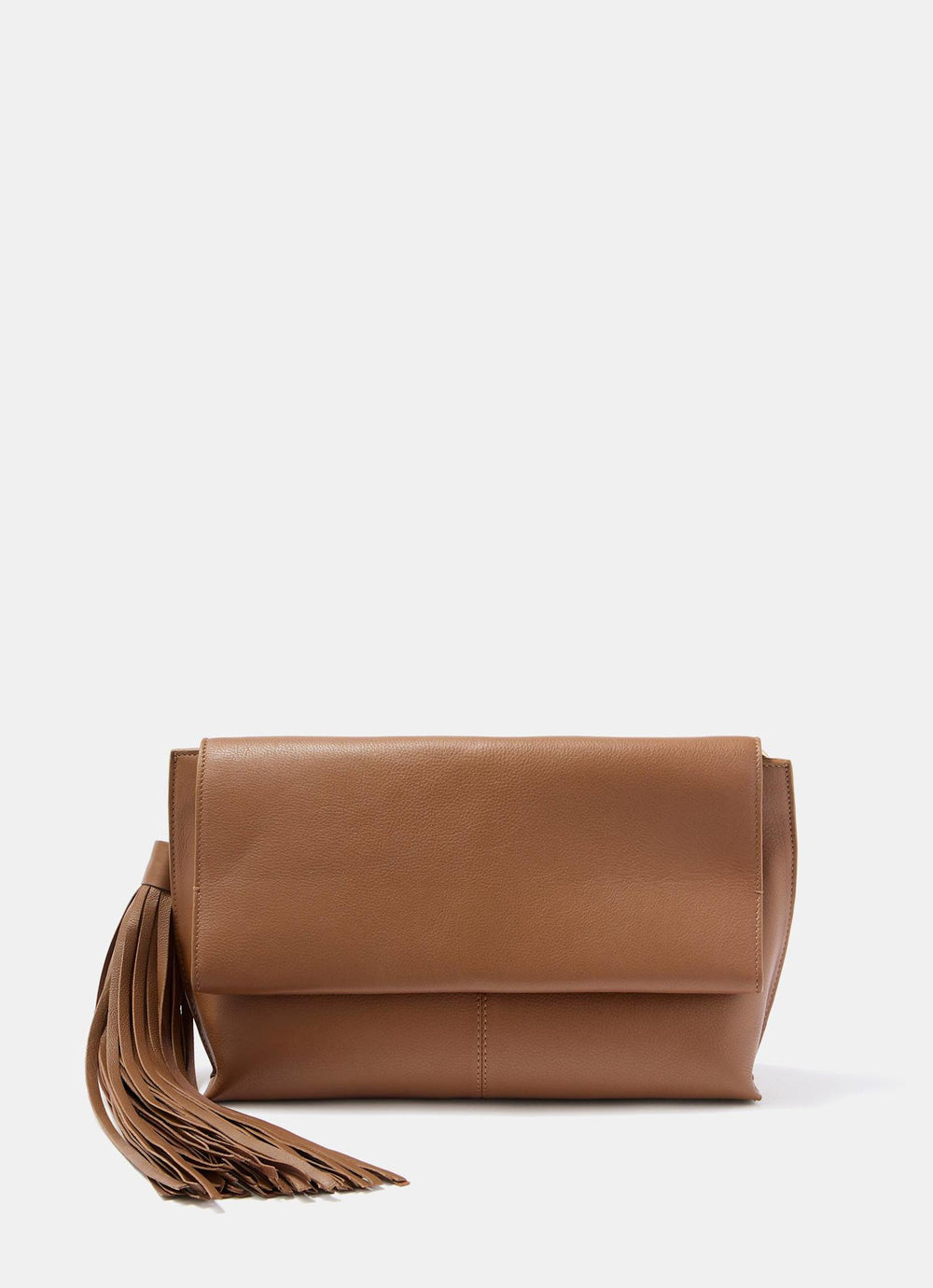 Daisy Tan Leather Fold Over Tassel Clutch
