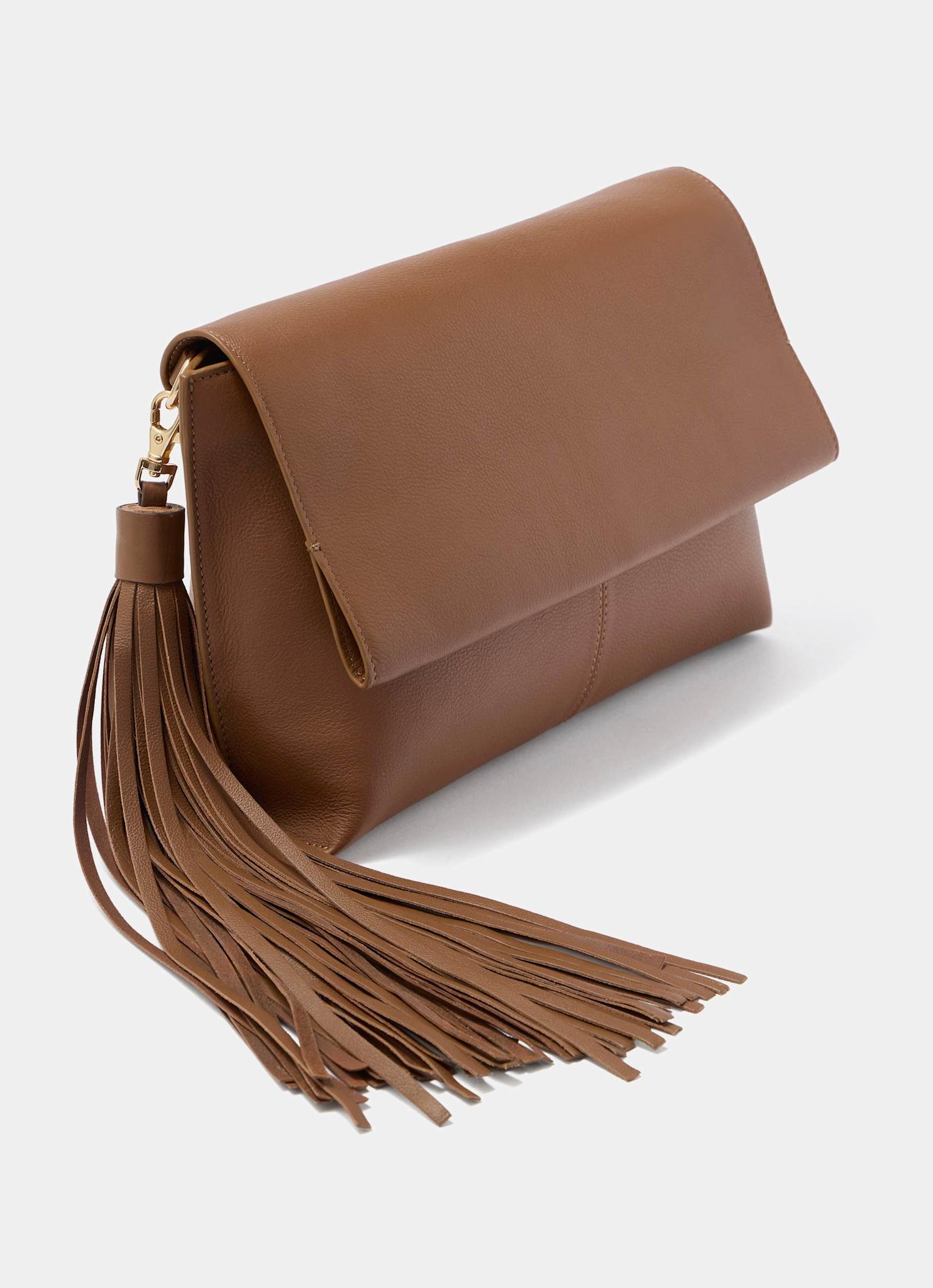 Daisy Tan Leather Fold Over Tassel Clutch – Mint Velvet