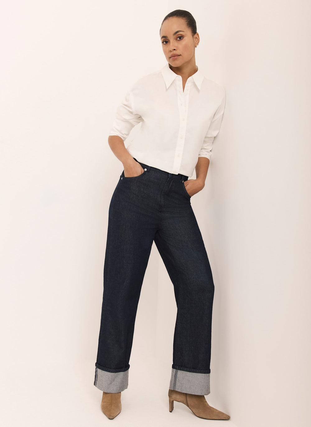 Dark Indigo Wide Turn Up Jeans