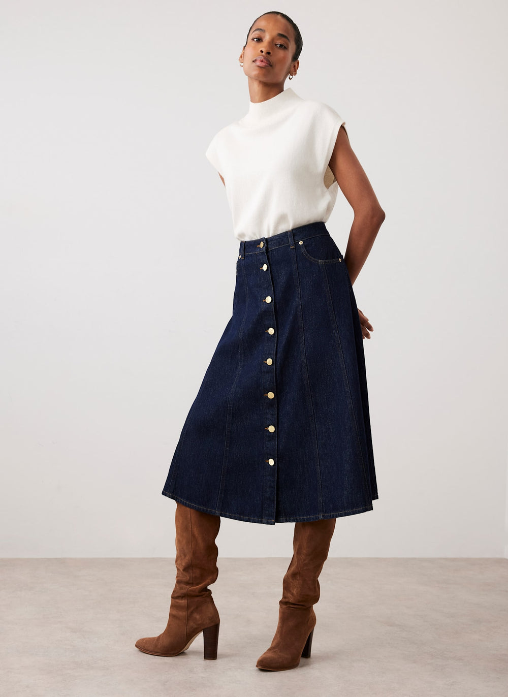 Dark Indigo Denim Midi Skirt