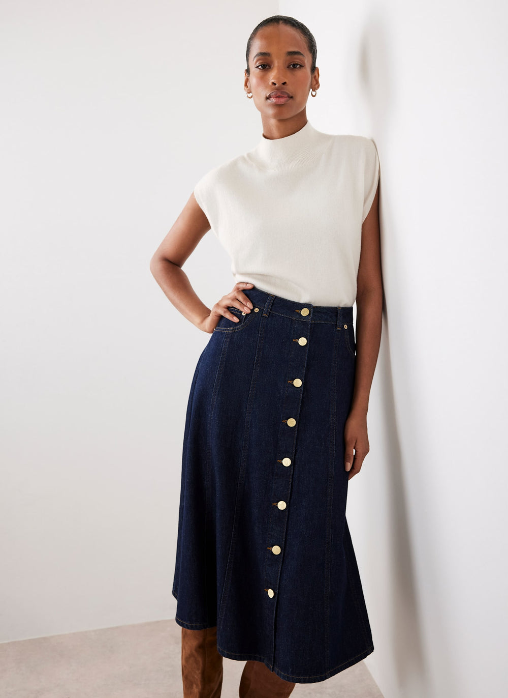 Dark Indigo Denim Midi Skirt