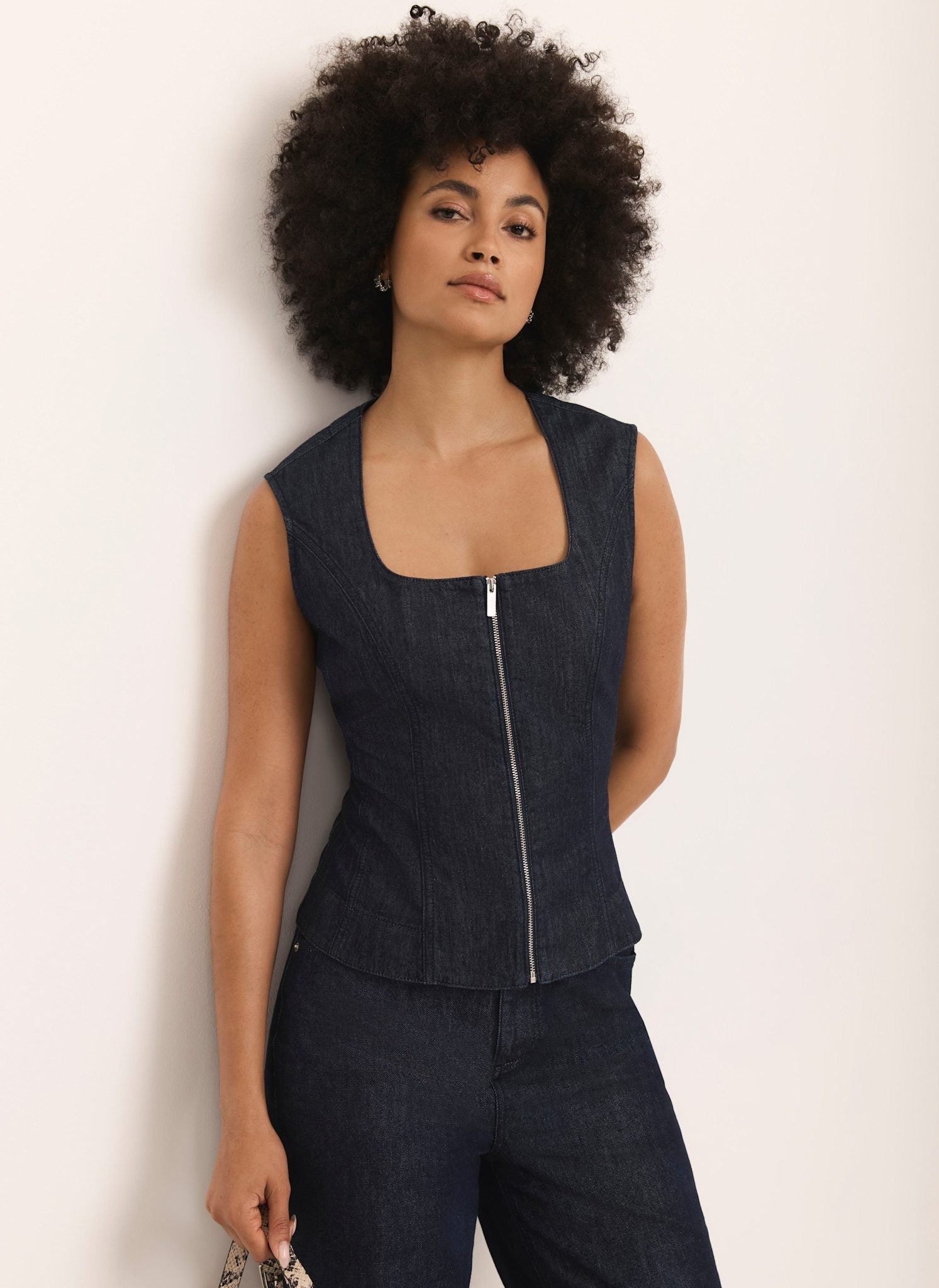 Dark Indigo Denim Zip Detail Top