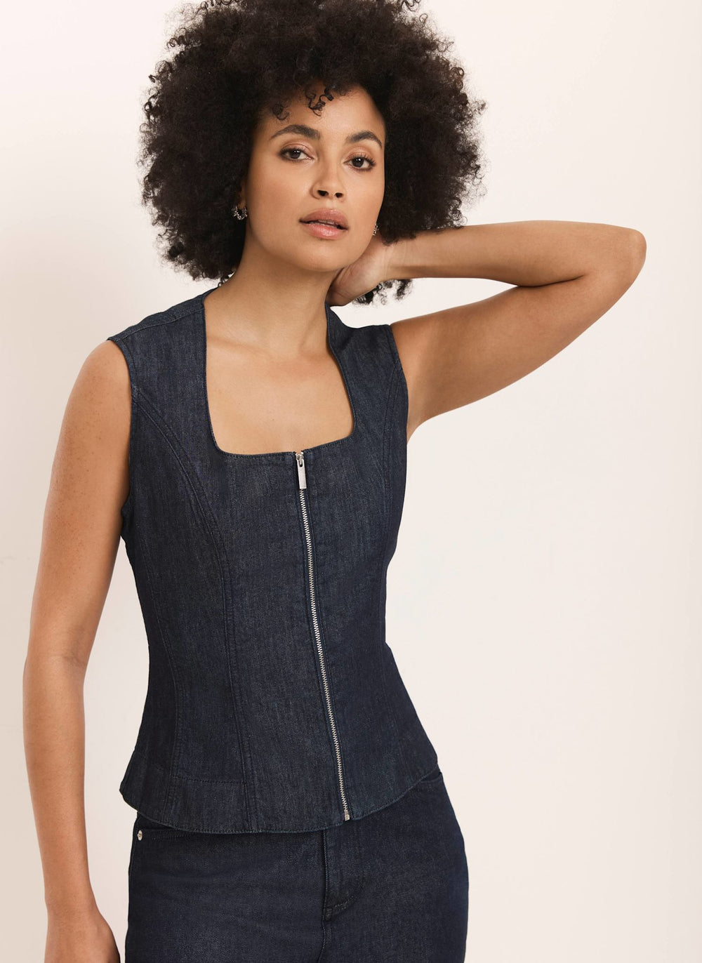 Dark Indigo Denim Zip Detail Top