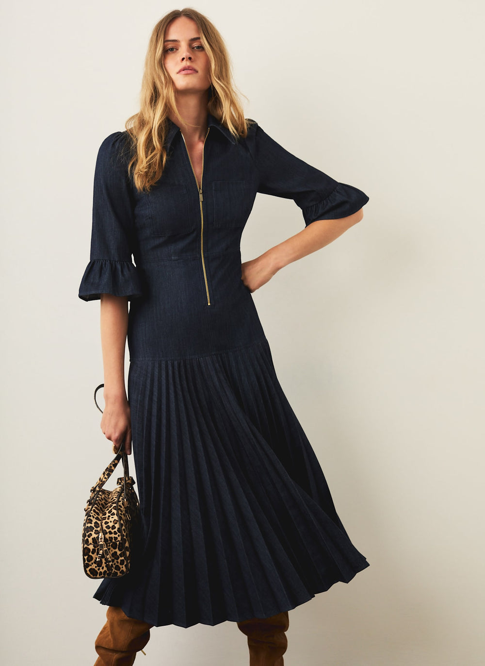 Dark Indigo Pleated Midi Dress