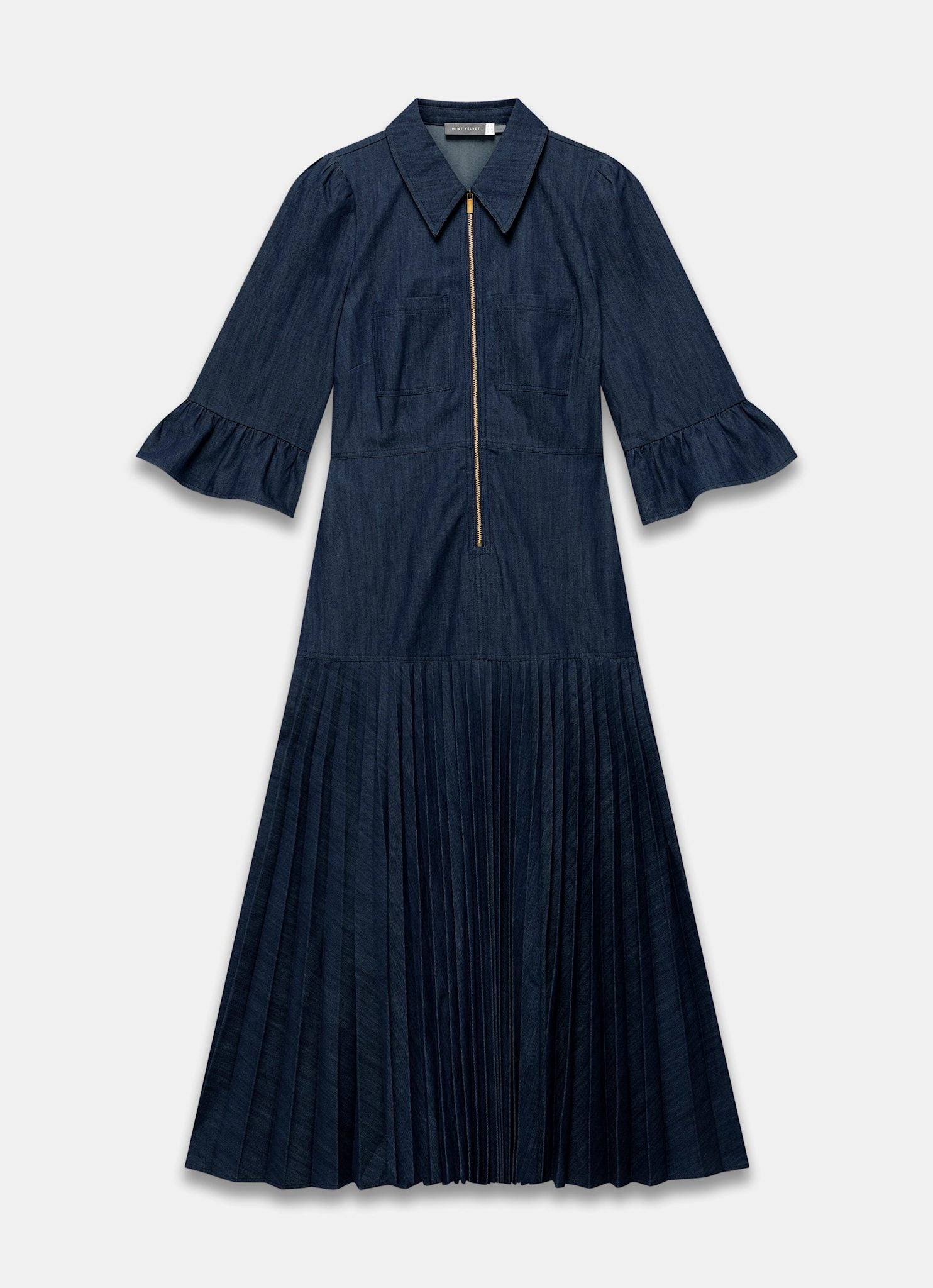 Dark Indigo Denim Pleated Midi Dress – Mint Velvet