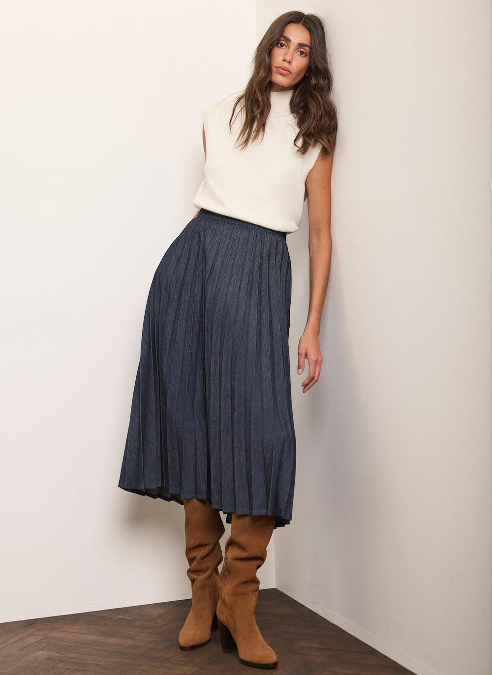 Dark Indigo Pleated Denim Midi Skirt