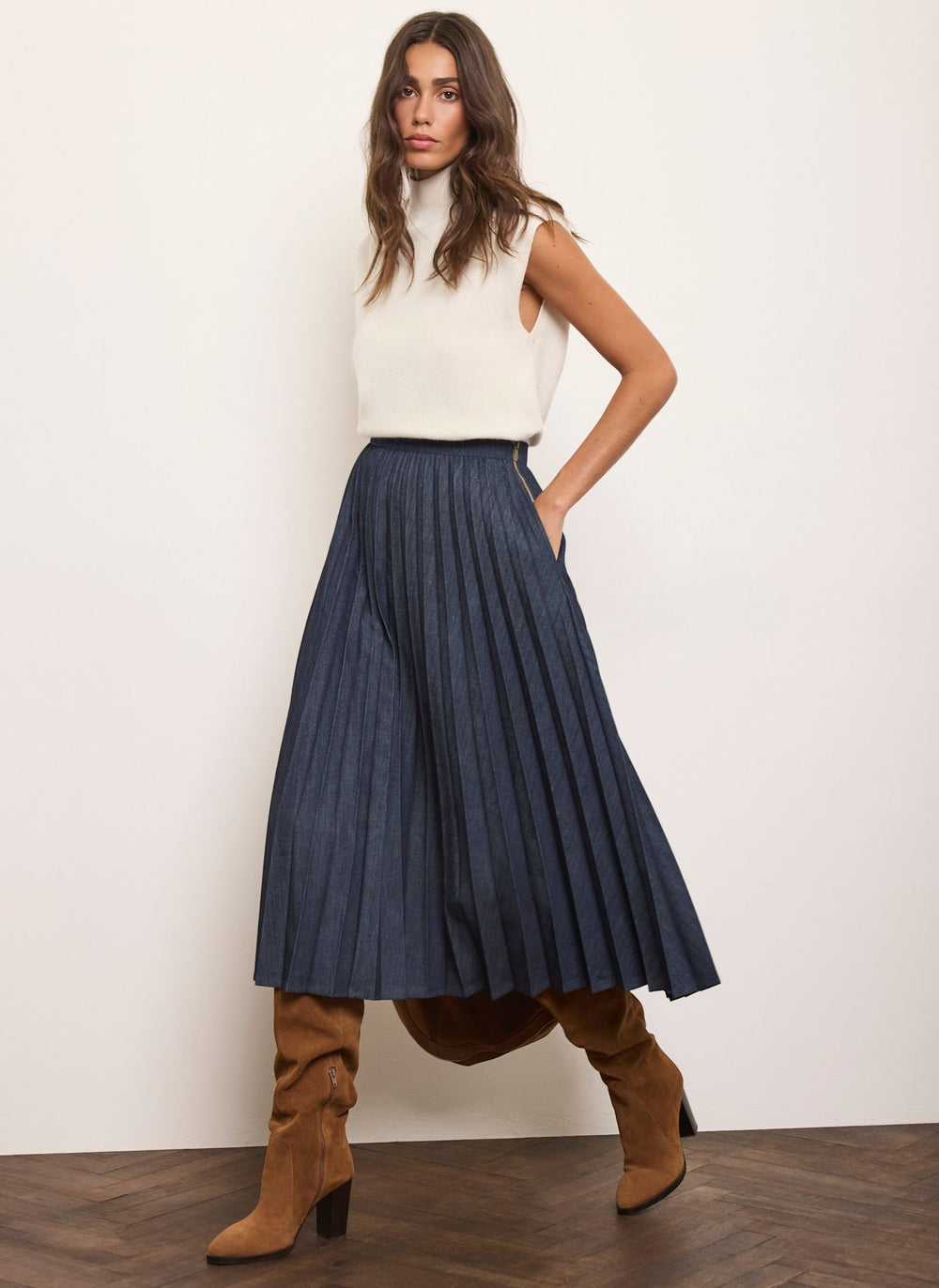 Dark Indigo Pleated Denim Midi Skirt