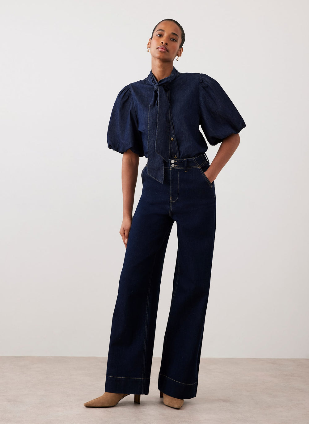 Dark Indigo Puff Sleeve Denim Shirt