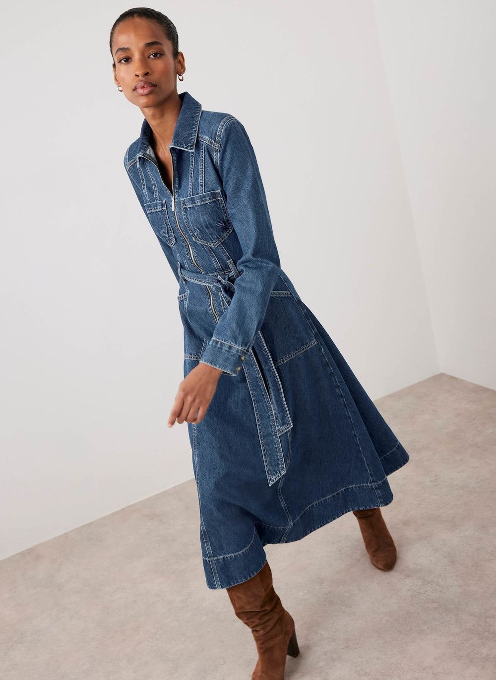 Indigo Denim Belted Midi Shirt Dress