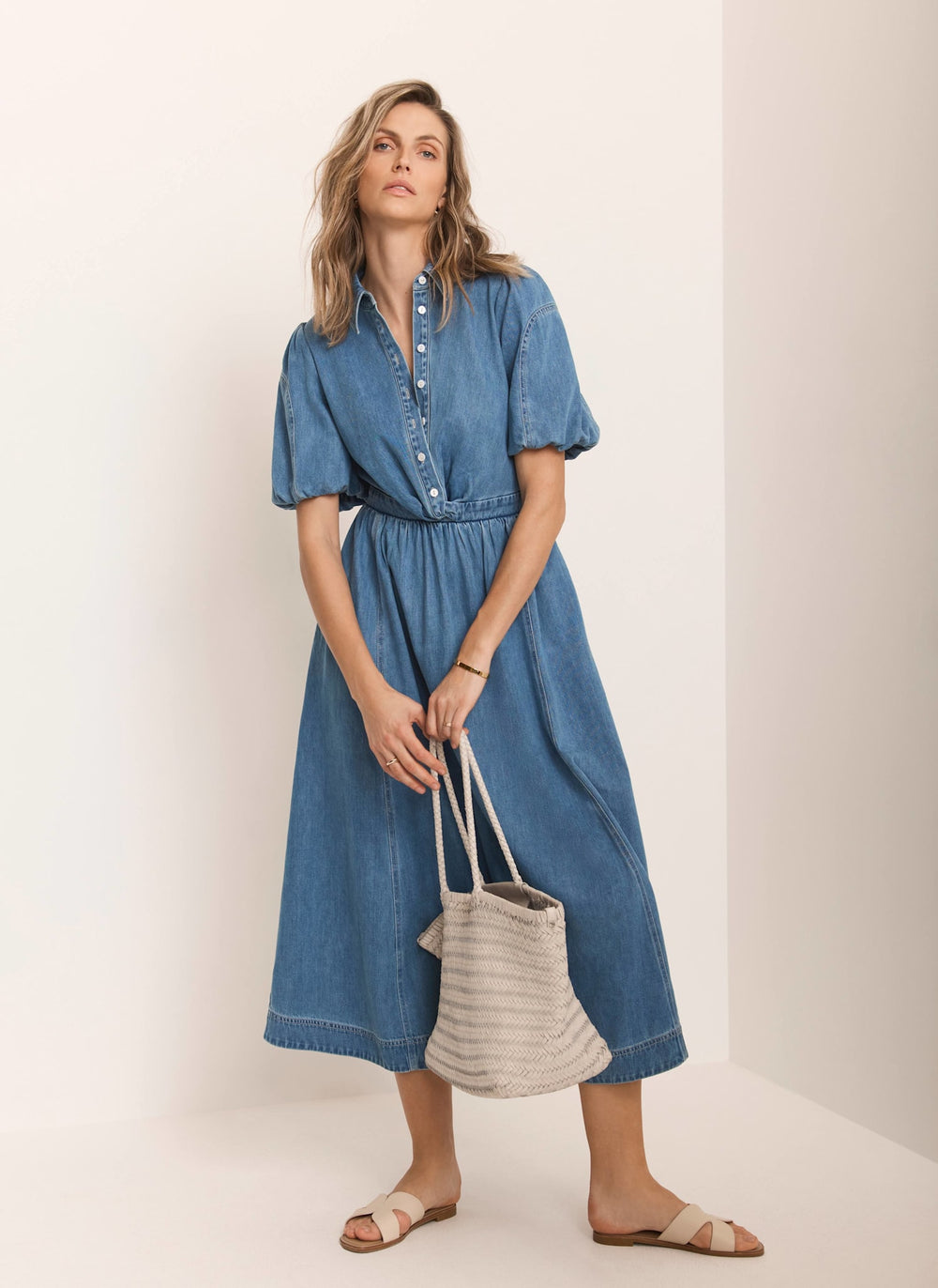 Mid Indigo Denim Twist Midi Dress