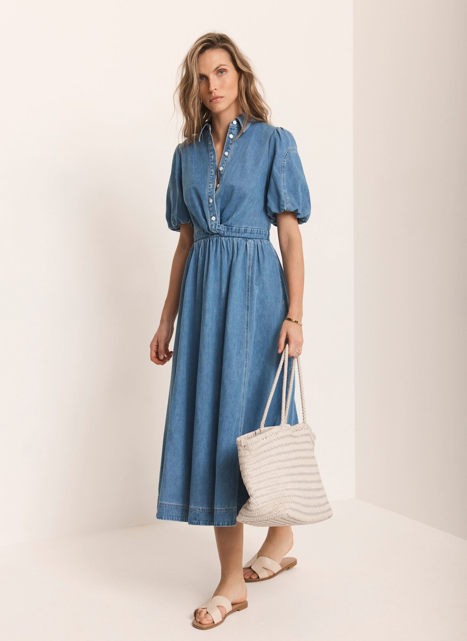Mid Indigo Denim Twist Midi Dress