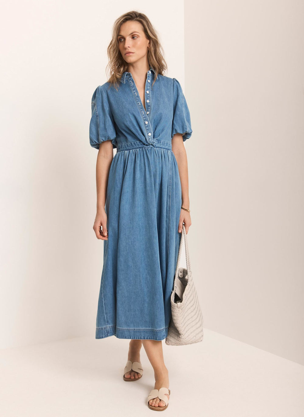 Mid Indigo Denim Twist Midi Dress