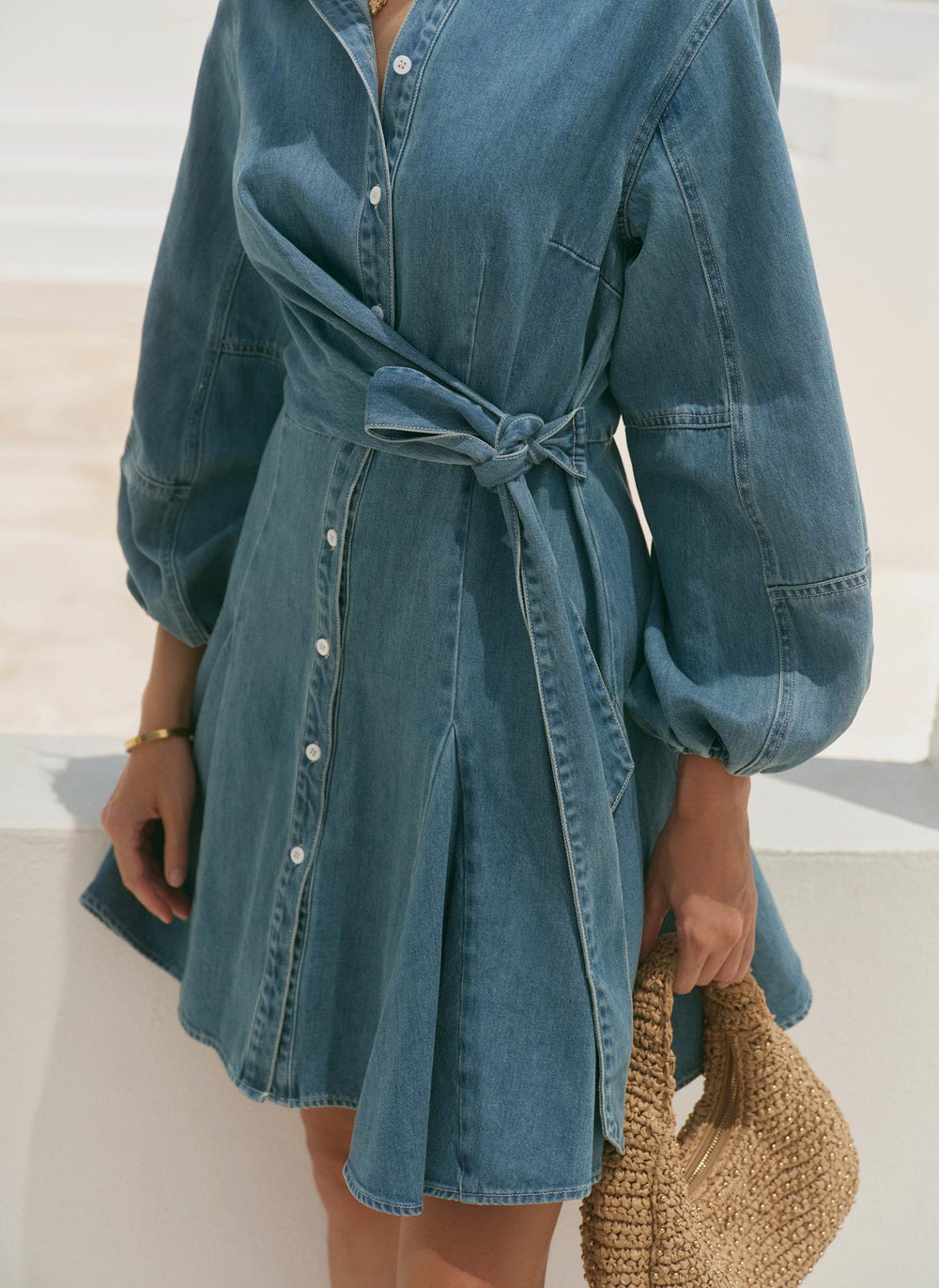 long sleeve denim mini dress Cosmala / Indigo Blue | MESHKI while the mini length keeps the look playful Mint Velvet Mid Blue Denim