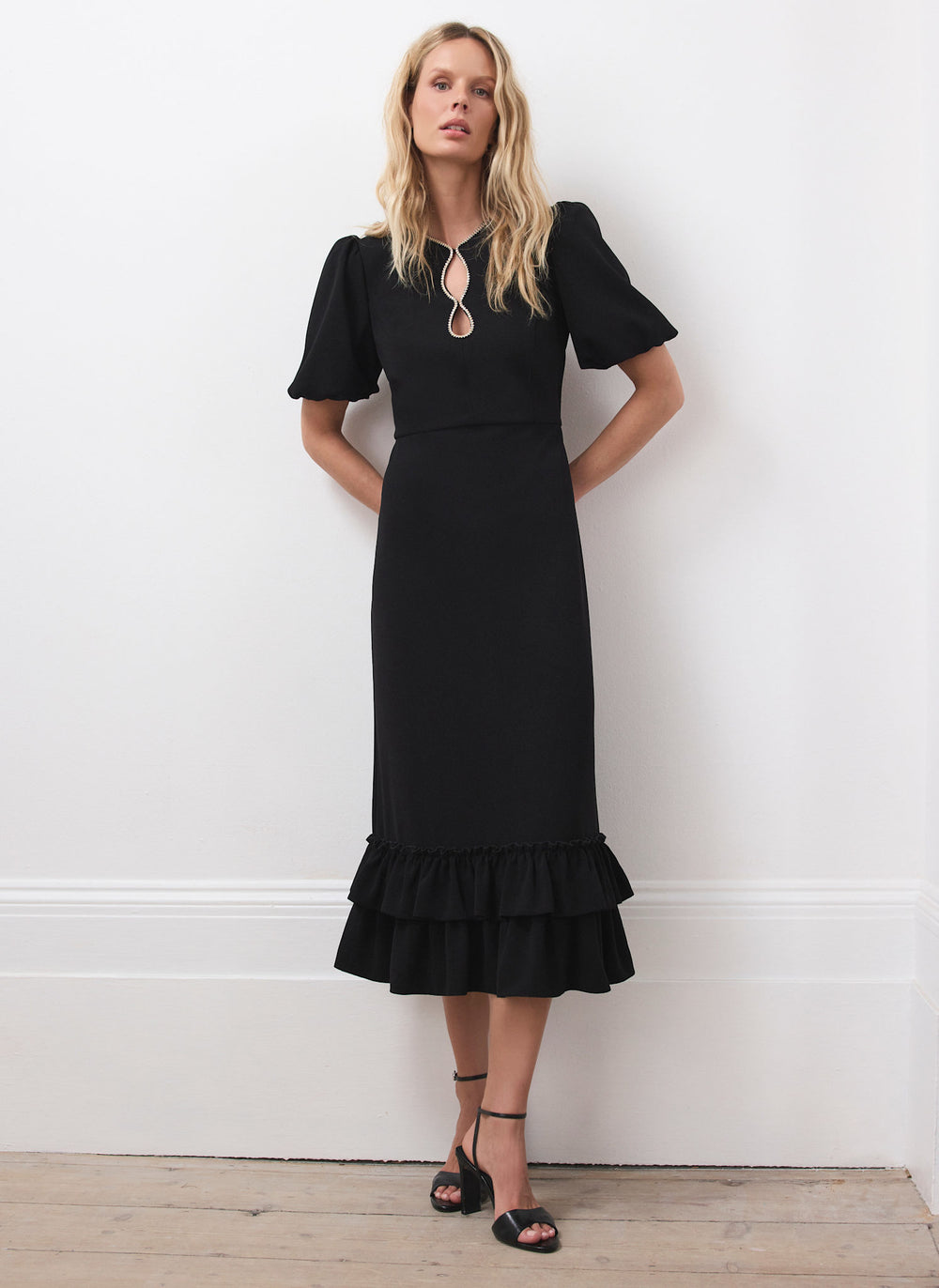 Black Diamante Trim Midi Dress