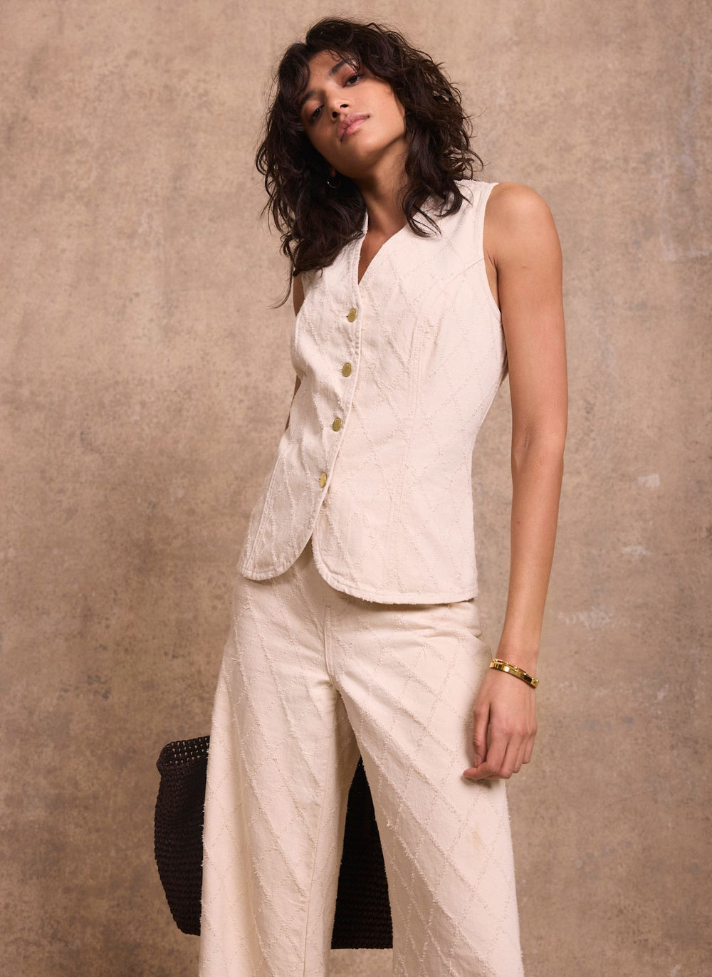 Cream Denim Diamond Textured Waistcoat
