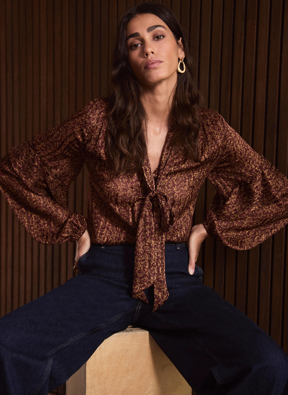 Brown Floral Print Pussybow Blouse
