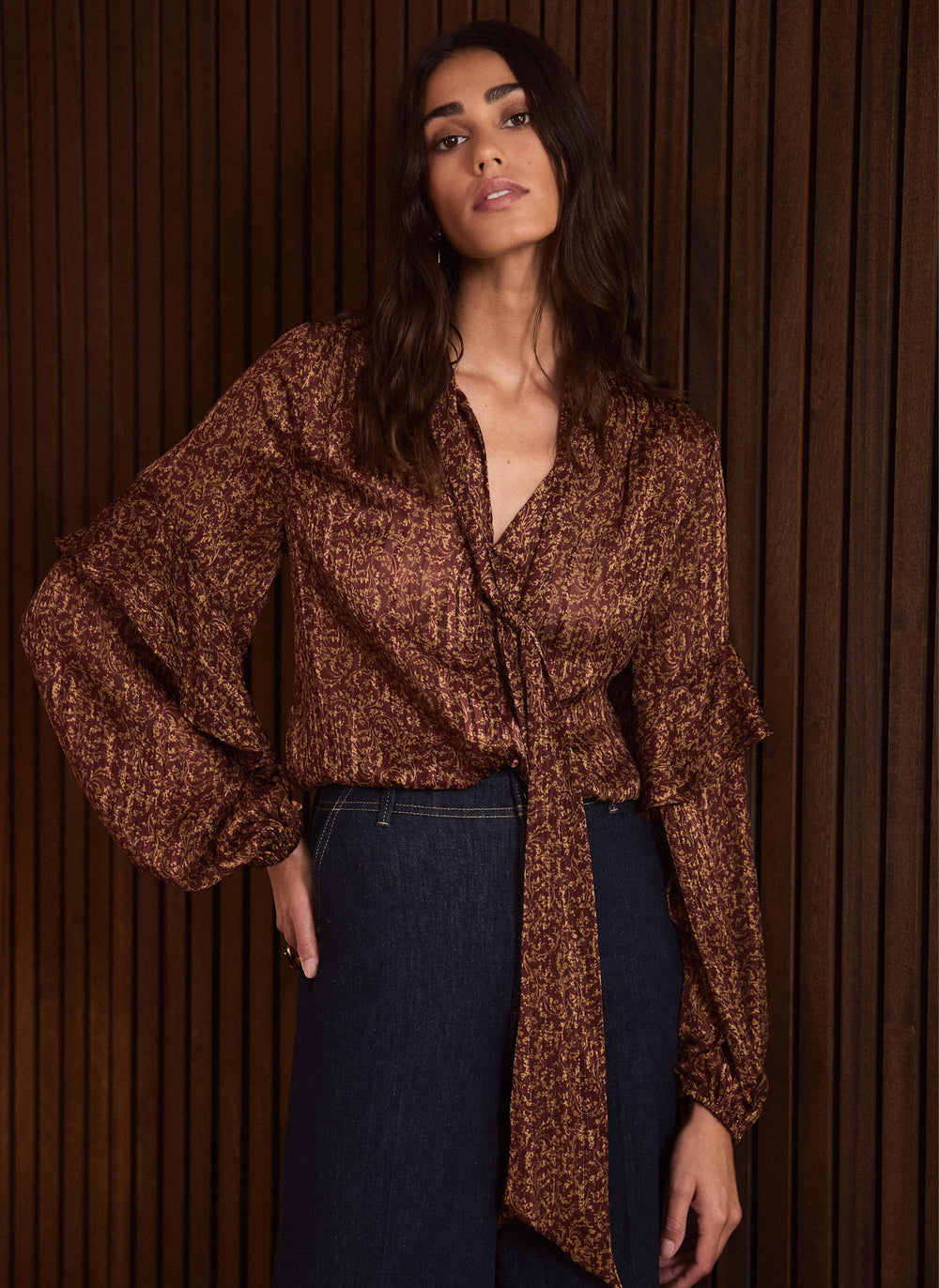 Brown Floral Print Pussybow Blouse