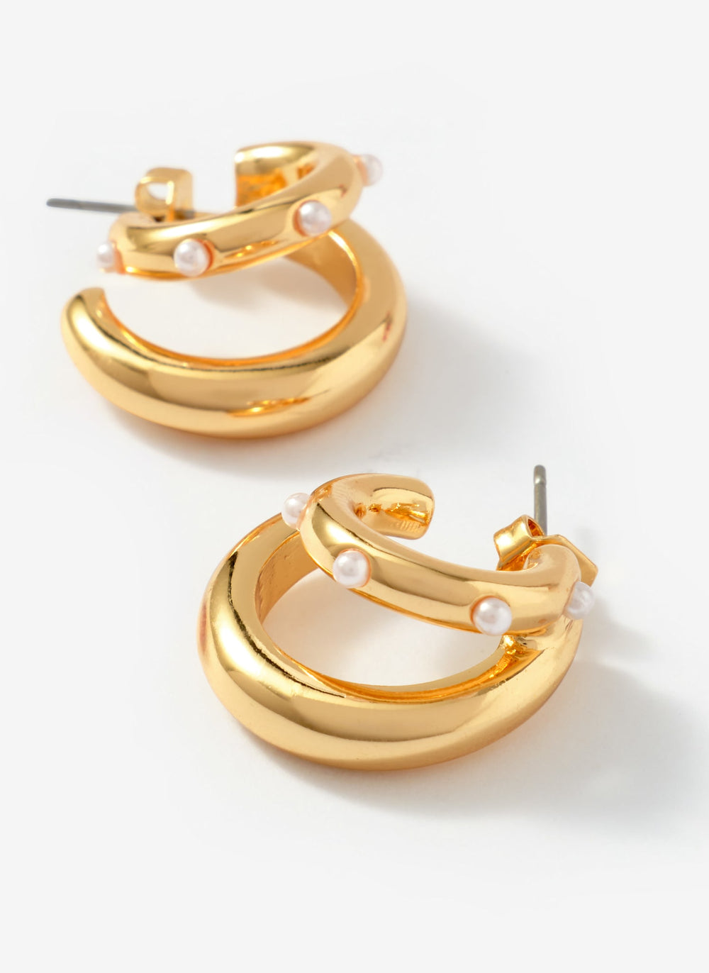 Gold Tone Mini Double Hoop Pearl Earrings